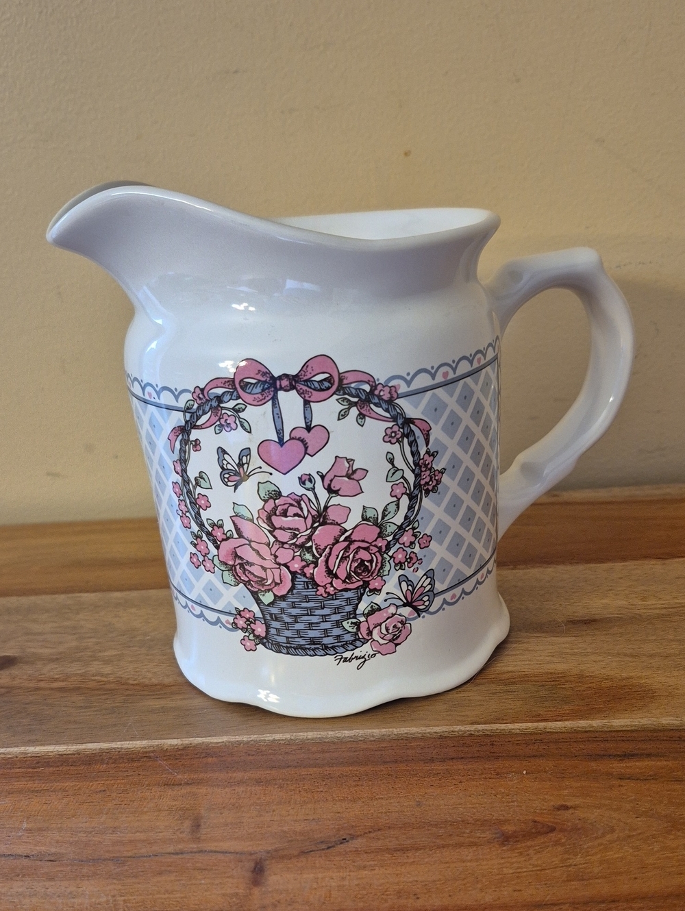 Vintage 90's Fabrizio Small Pink Floral Rose Basket Ceramic Pitcher - Cottage